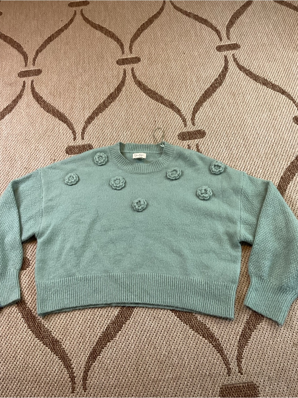 Jessica Simpson Mint Blue Floral Appliqué Crewneck Sweater